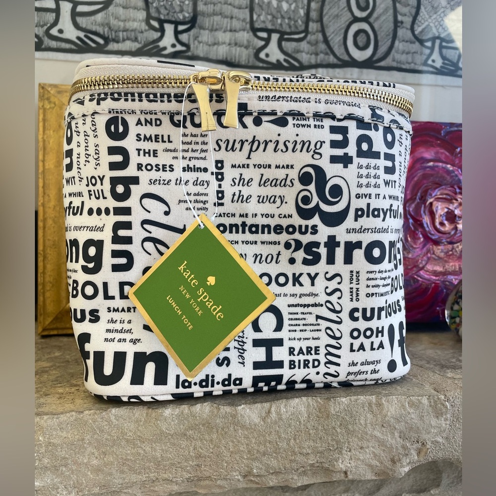 Kate Spade Cream Text “ What do you say” lunch or cosmetic tote.